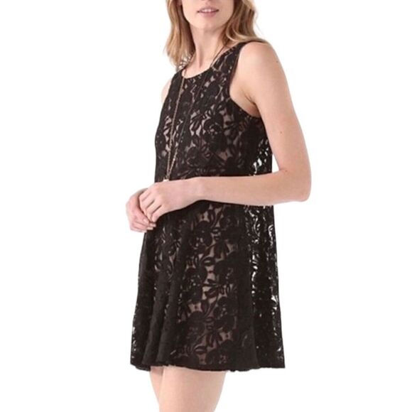 Free People Dress Sleeveless full lace lined black sheer stretch mini or tunic M - Picture 2 of 11